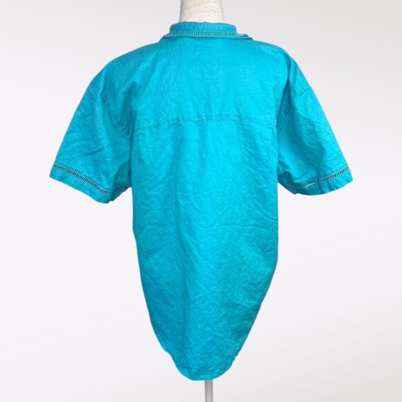 Vintage 90s Blue Button Up Shirt Eyelet Trim Boxy Fit Top Small - Picture 5 of 9